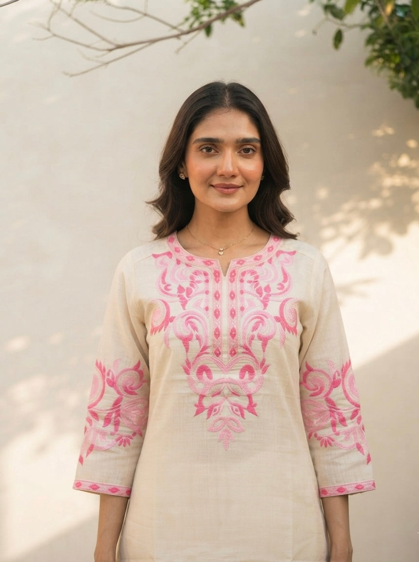 Embroidered  Cotton Chanderi Dupatta Set With Lining