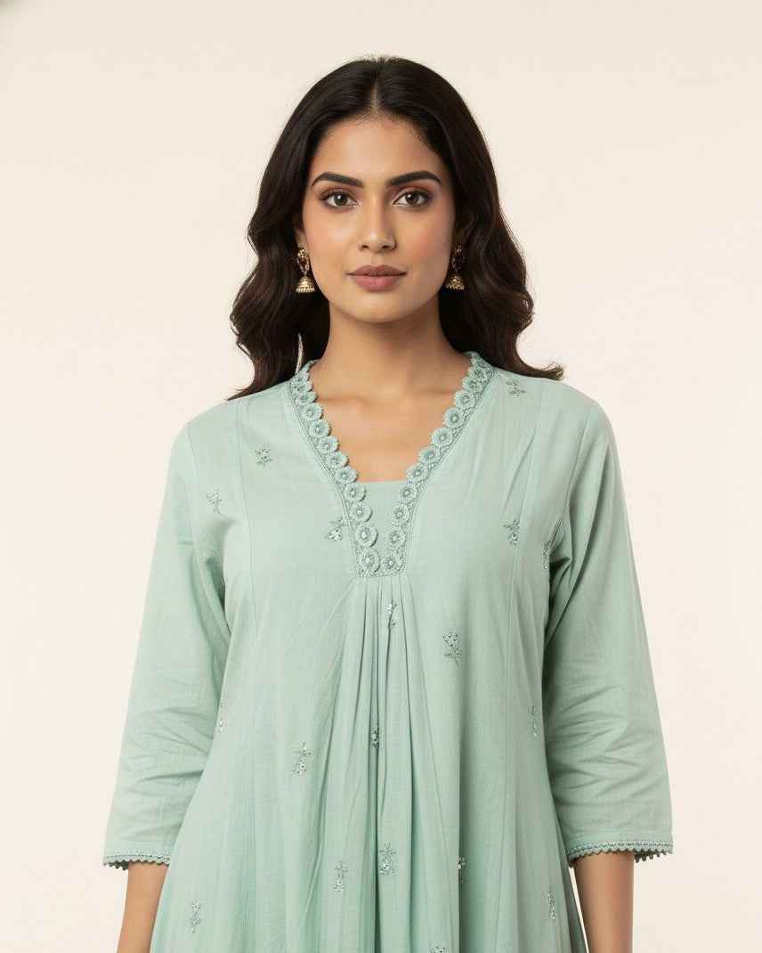 Pure Mul Cotton A Line Dupatta Set With embroidery