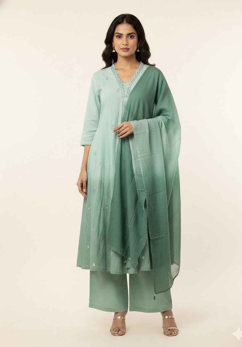 Pure Mul Cotton A Line Dupatta Set With embroidery