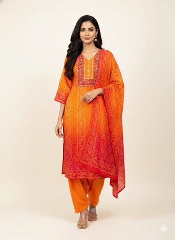 Festival Wear  Pure Muslin Three Piece Bandhej Print  Dupatta Set    LC0165