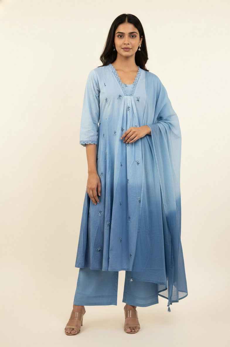 Pure Mul Cotton A Line Dupatta Set With embroidery