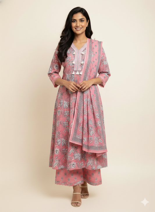 Pure Cotton Three Piece A Line  Anarkali Dupatta Set ANK032