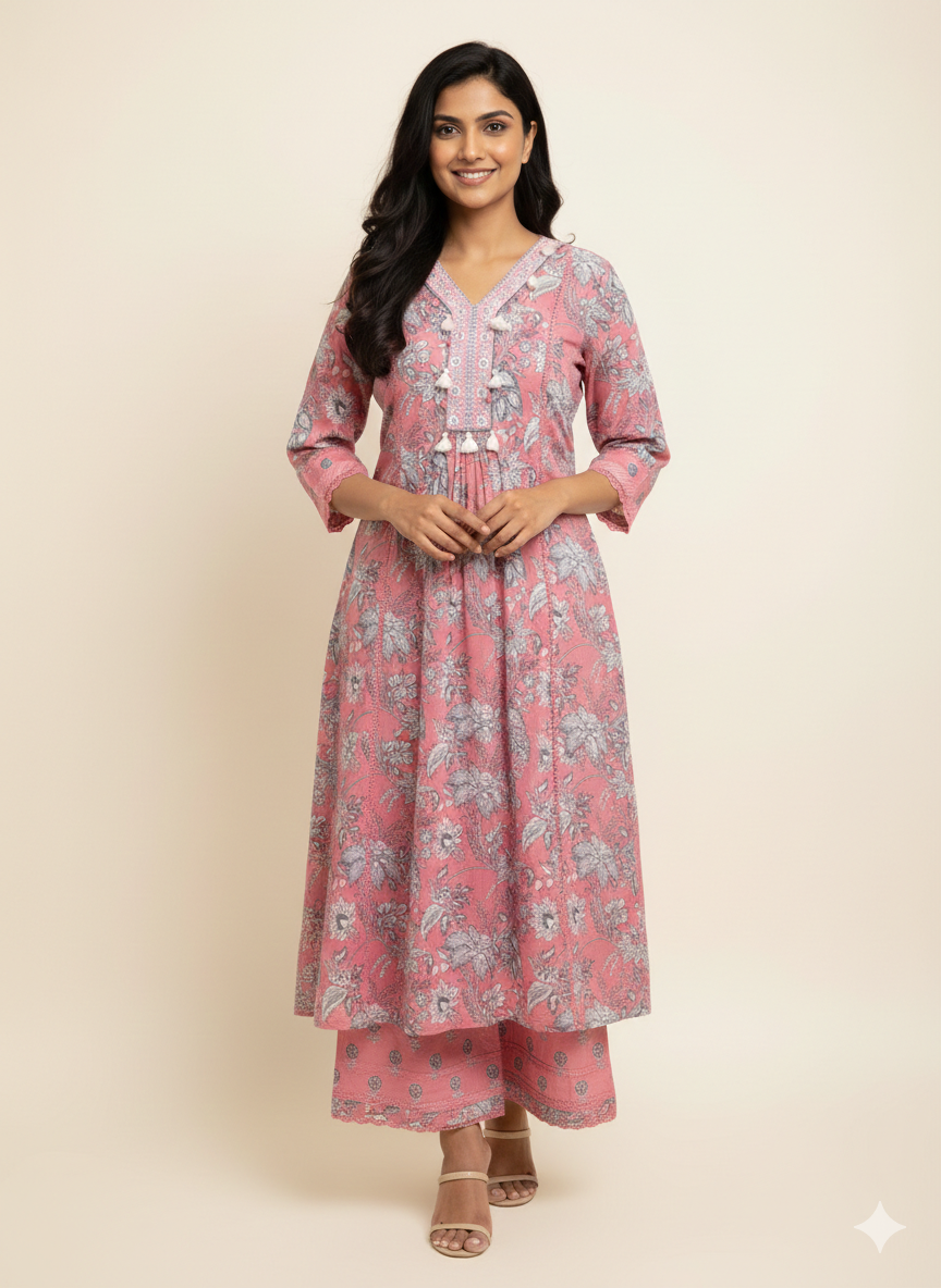 Pure Cotton Three Piece A Line  Anarkali Dupatta Set ANK032