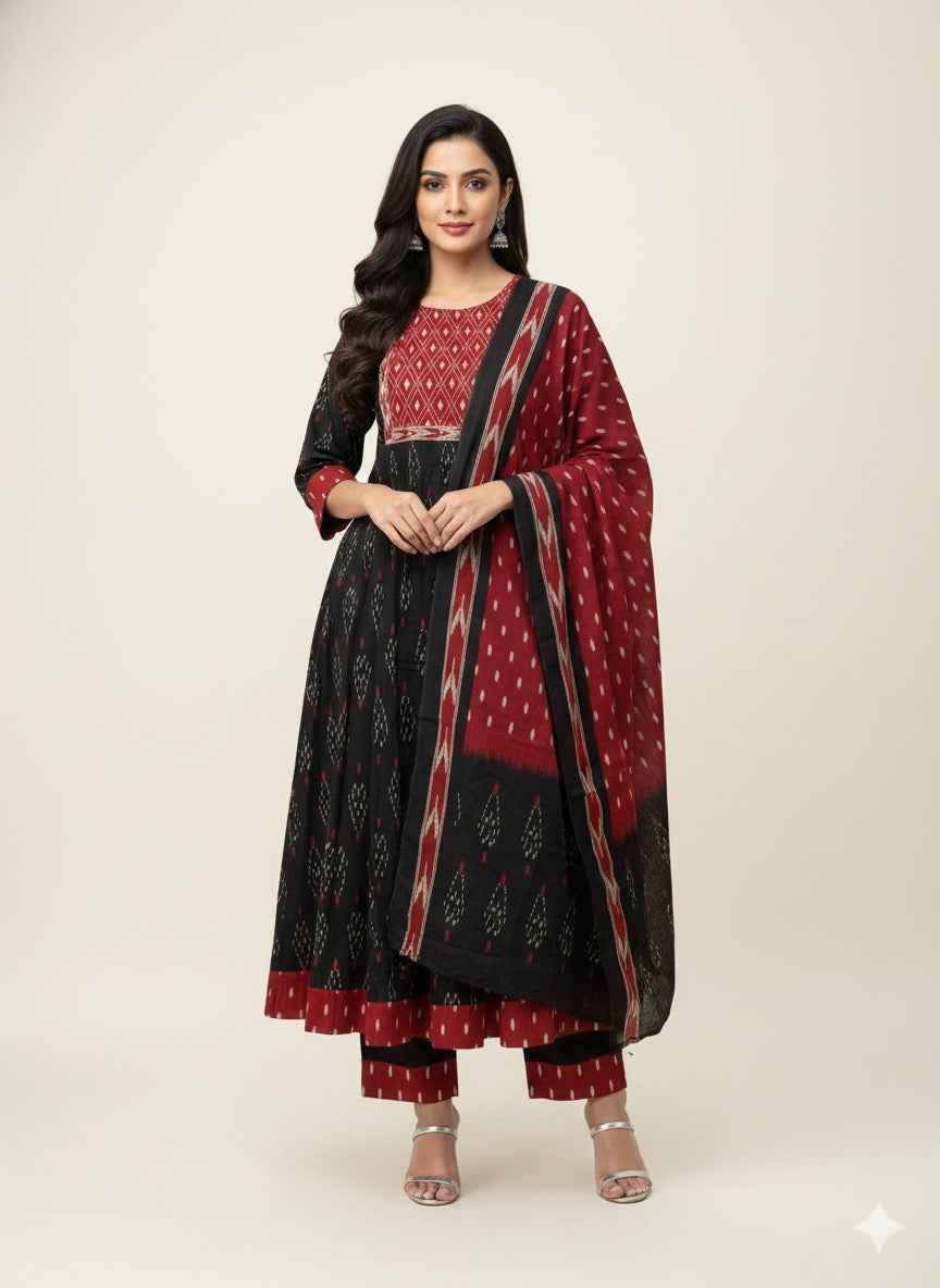 Pure cotton ikkat print anarkali Dupatta set ANK026