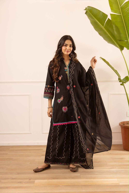 Premium Cotton Short Length Dupatta Set With Embroidery With Plazoo CS0256