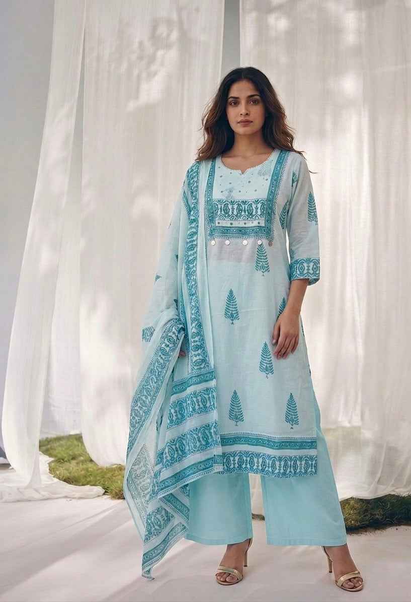 Premium Mul Cotton Three Piece Dupatta Set