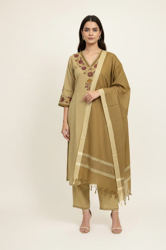 Premium Handloom Cotton Dupatta Set With Embroidery CS0125