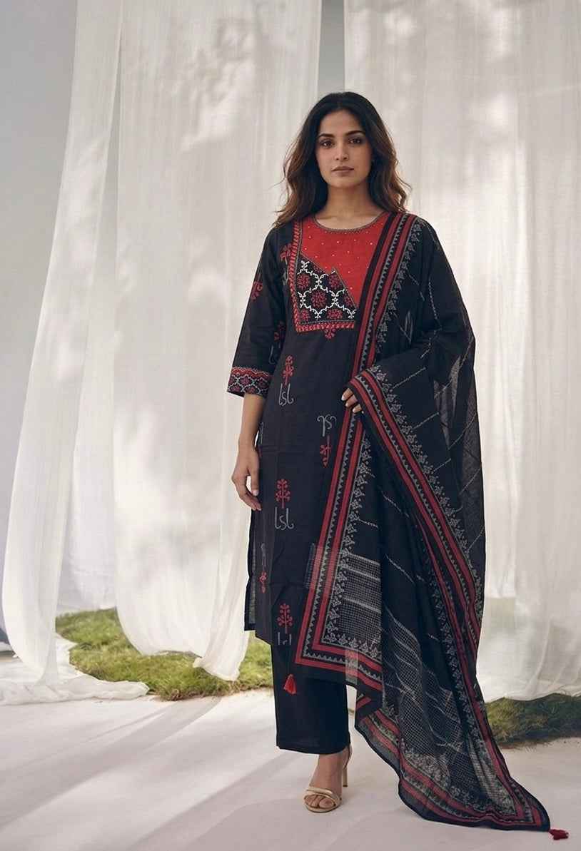 Pure Cotton Three Piece Dupatta Set With Embroidery