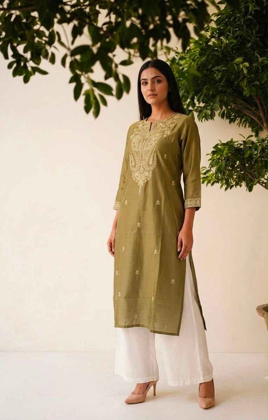 Pure Muslin Single Kurta With Embroidery
