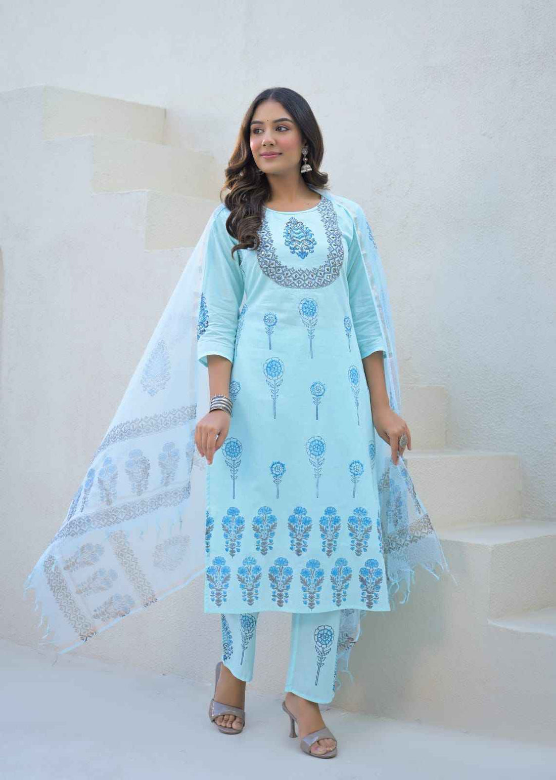 Premium cotton block print with Kota doriya dupatta set
