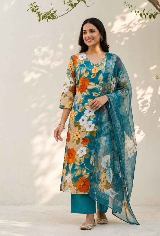 Pure Cotton Dupatta Set In Plus Size