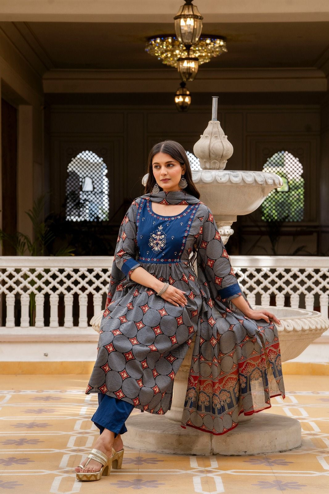 Pure Cotton Ajrakh Print A Line Dupatta Set CS0301