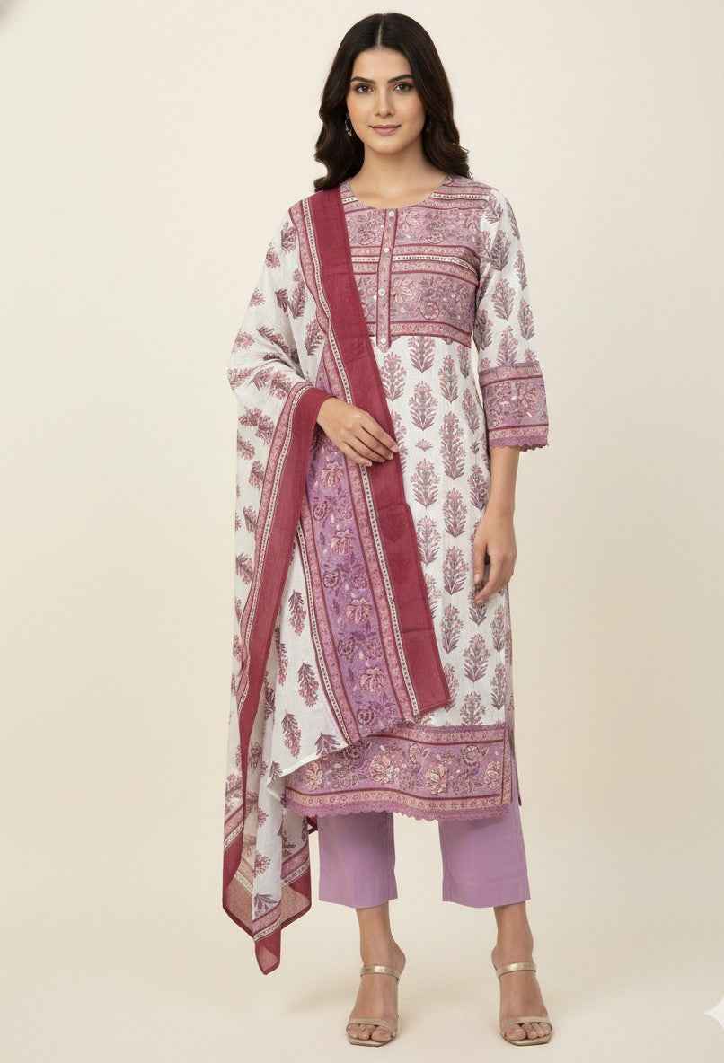 Pure Cotton Three Piece Dupatta Set With Enbroidery