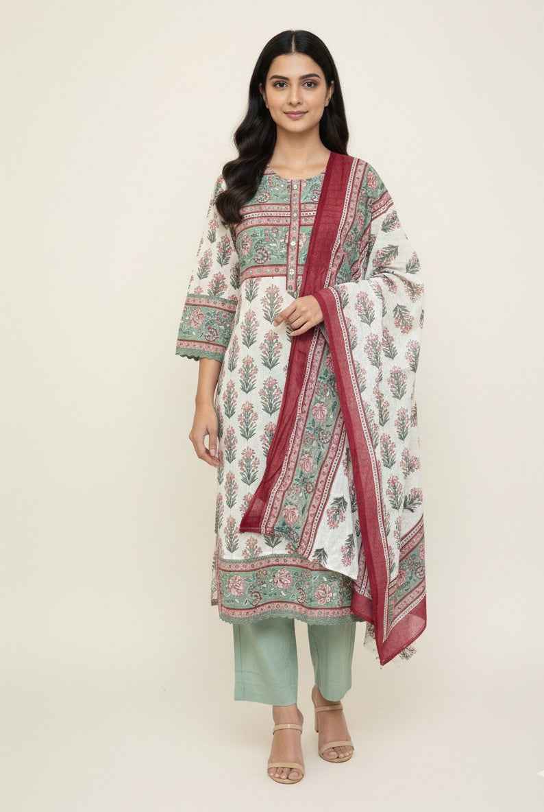 Pure Cotton Three Piece Dupatta Set With Enbroidery