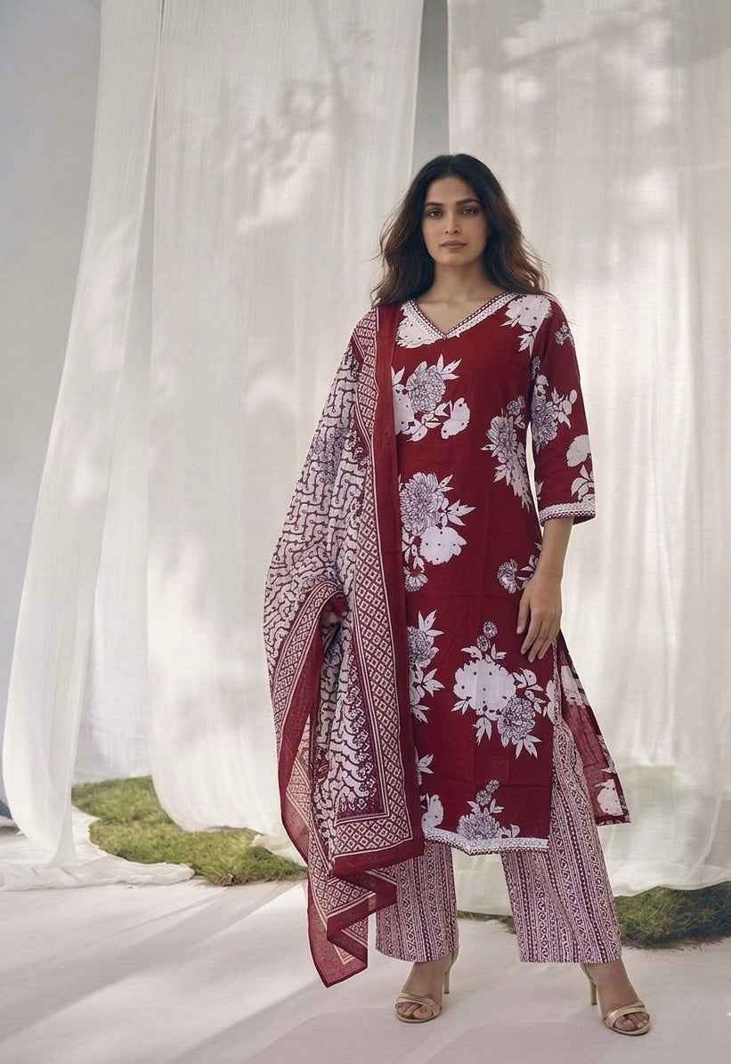 Pure Cotton Three Piece Dupatta Set