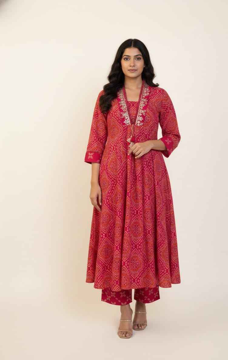 Premium Cotton A-Line Bandhej Print Dupatta Set With Embroidery CS0184