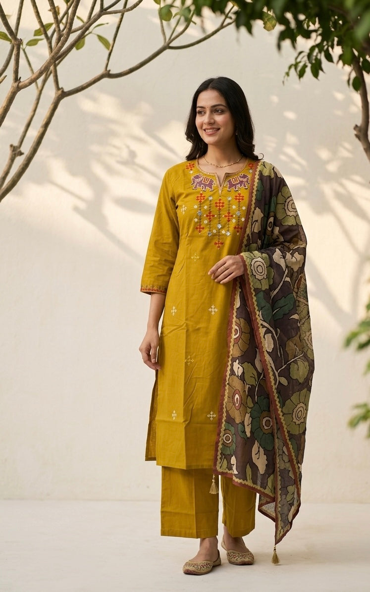 Premium Dabu Cotton Solid Base With Printed Dupatta Set COS327