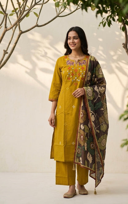 Premium Dabu Cotton Solid Base With Printed Dupatta Set COS327