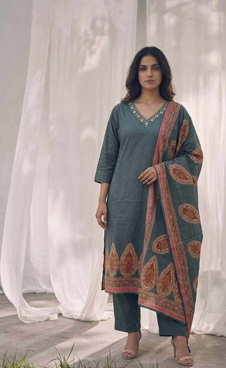 Pure Cotton Three Piece Dupatta Set
