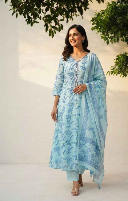 Pure Mul Cotton Printed A Line Dupatta Set