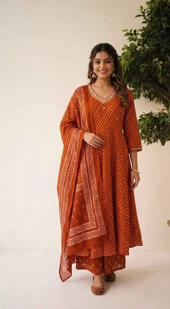 Pure Cotton Anarkali Suit with Lehraiya Print