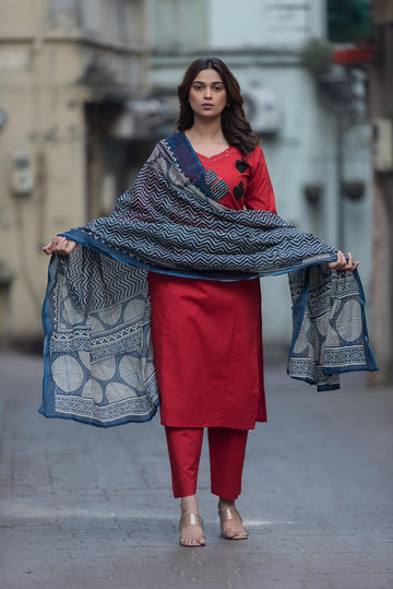 Premium cotton appliqué work with Kota  doriya Dupatta set.