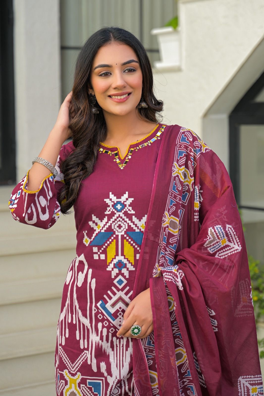 Premium Cotton Ikkat Print Dupatta Set   -  CS0121