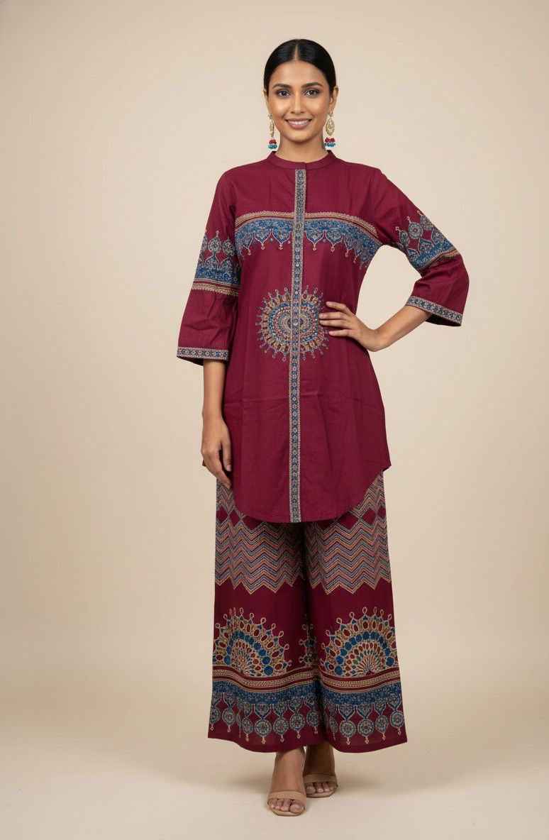 Ajrakh Print Two Piece Co Ord Set in Pure Cotton