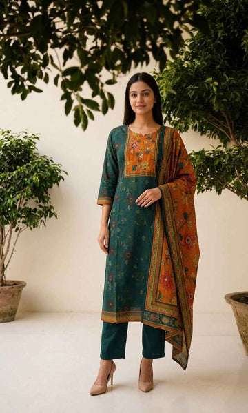 Pure Cotton Digital Print Three Piece Dupatta Set
