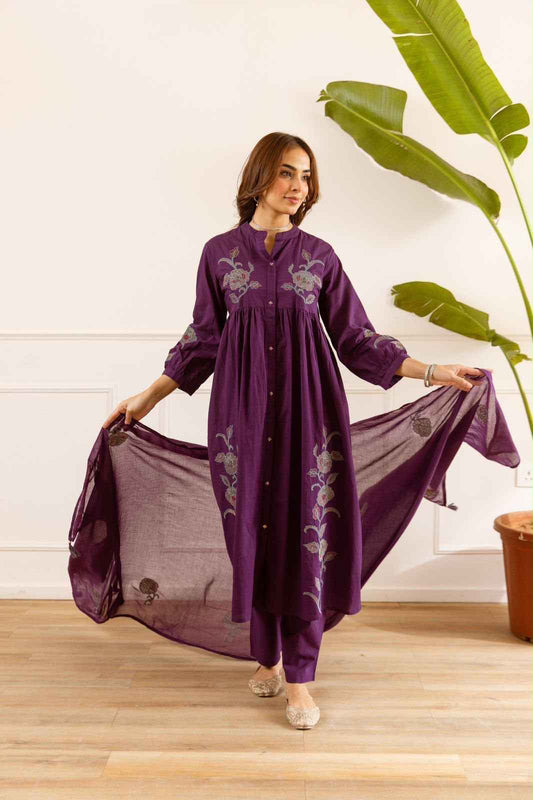 Mul Cotton With Inner Dupatta Set With Cross Stich Embroidery MC043