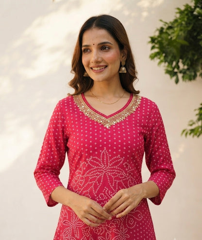 Pure Cotton A  Line Dupatta Set With Bandhej Print CS0284
