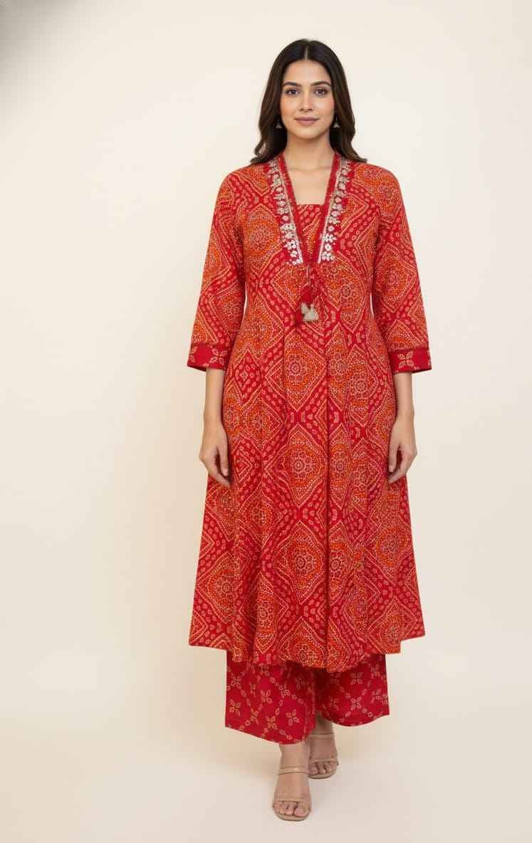 Premium Cotton A-Line Bandhej Print Dupatta Set With Embroidery CS0184