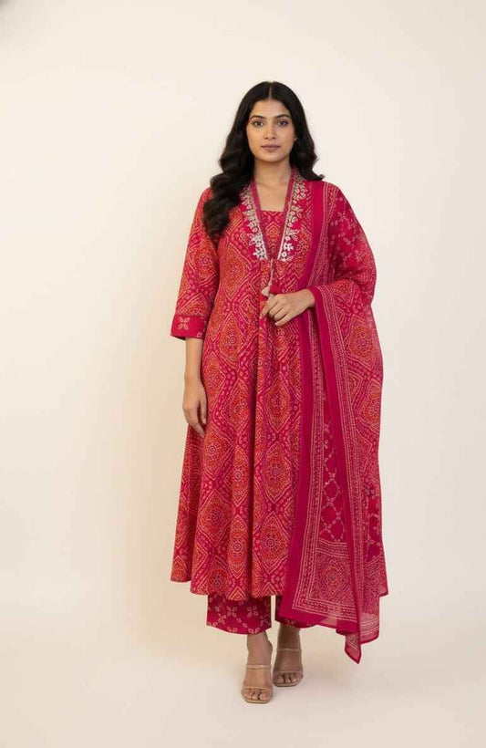 Premium Cotton A-Line Bandhej Print Dupatta Set With Embroidery CS0184