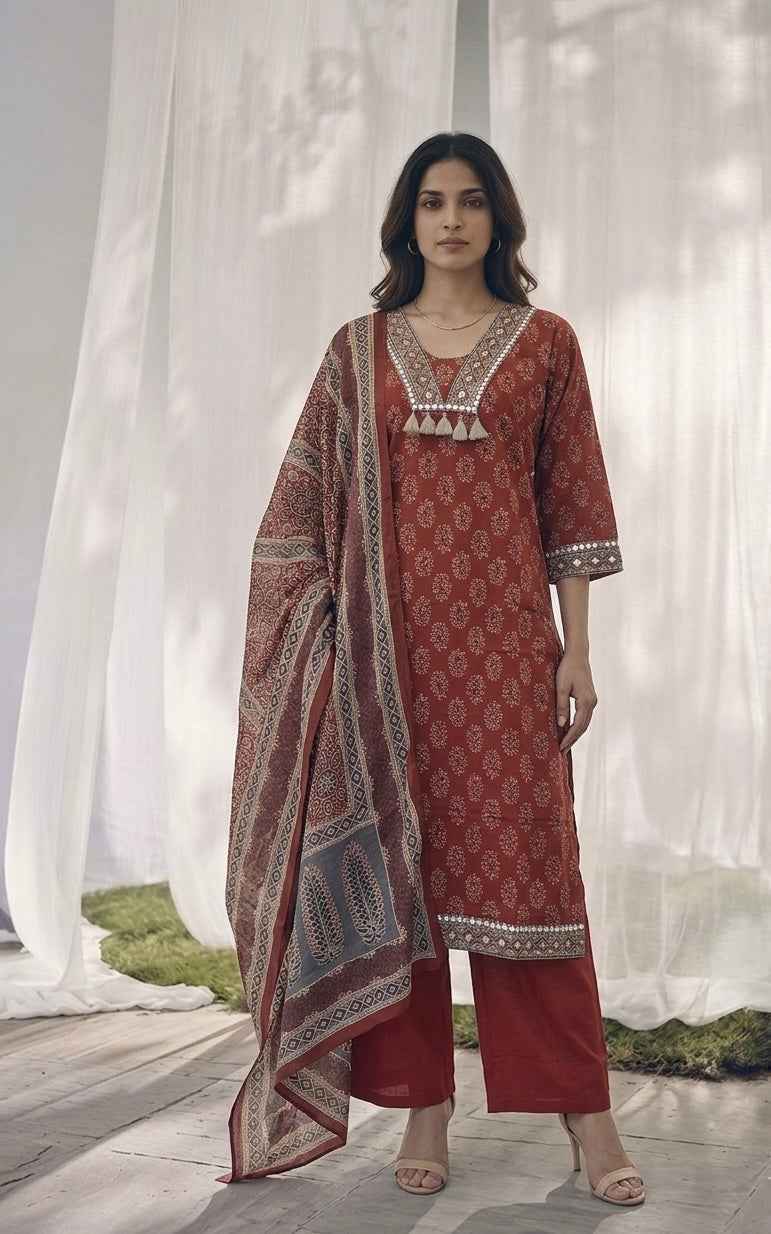 Pure Cotton Three Piece Dupatta Set