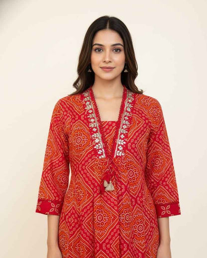 Premium Cotton A-Line Bandhej Print Dupatta Set With Embroidery CS0184