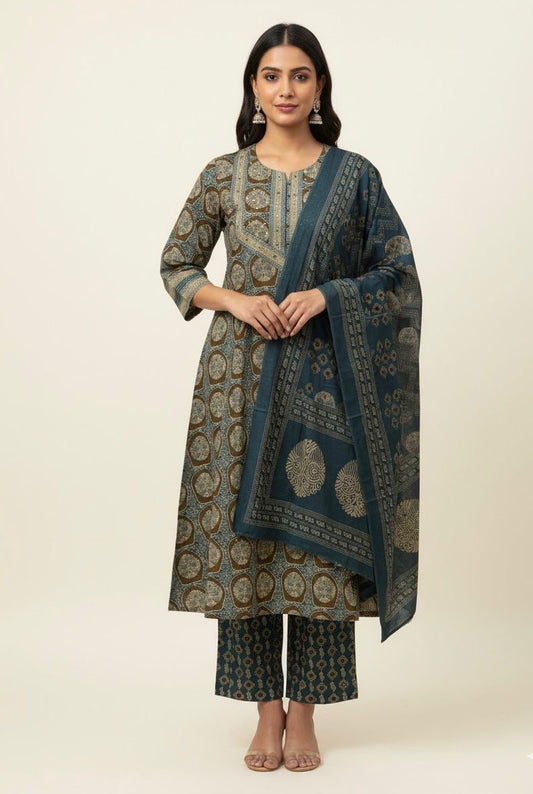 Ajrakh Print A Line Cotton Dupatta Set CS0176