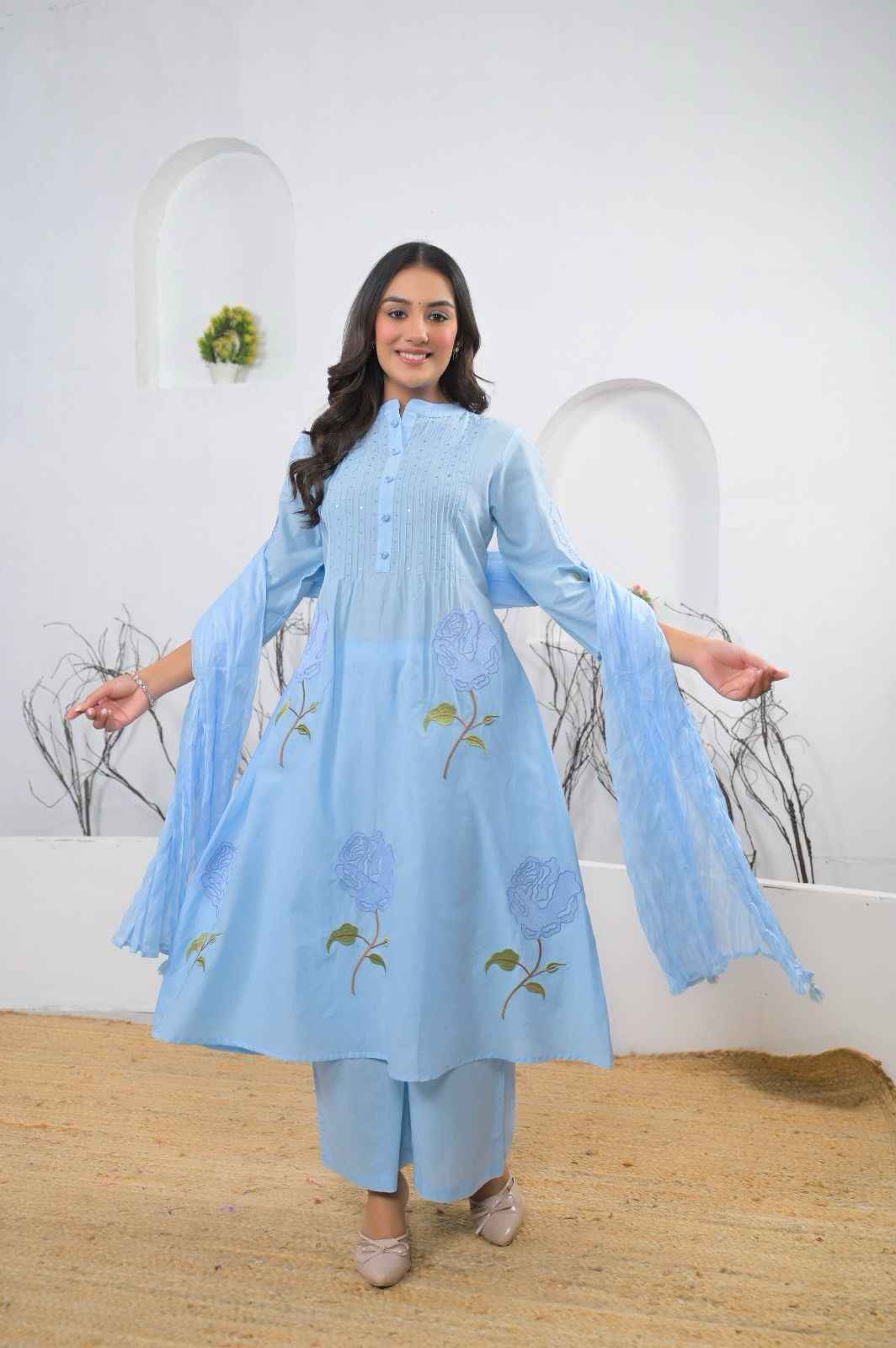 Premium cotton A-line dupatta set with embroidery CS0304