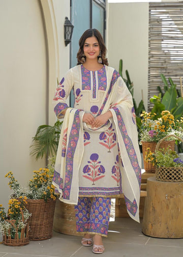 Premium Cotton Floral Print Dupatta Set With Lace Work  CS0207