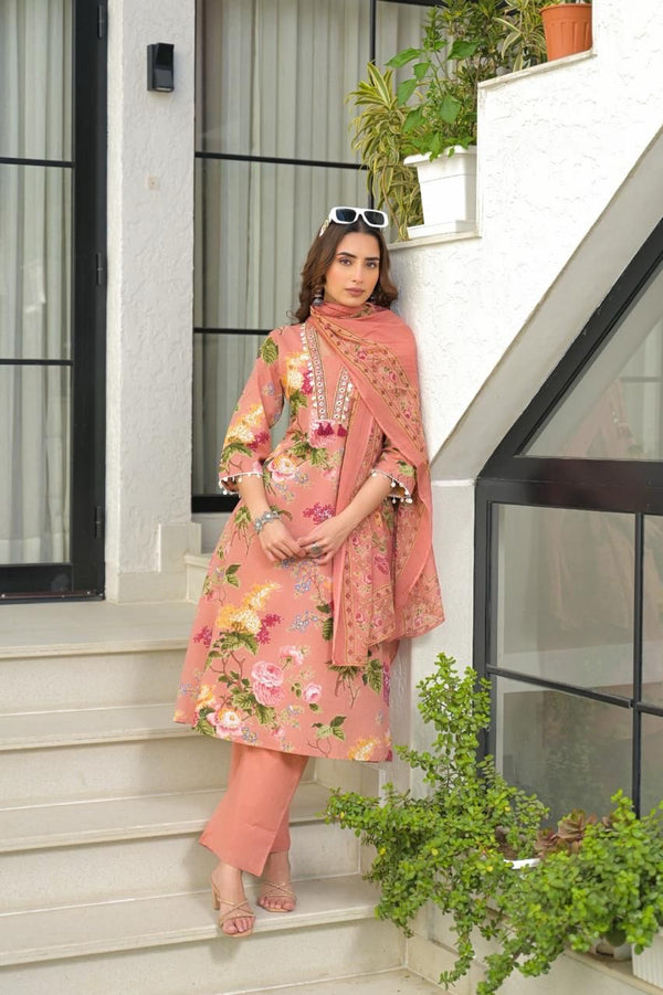Premium Cotton A-Line Anarkali  Floral Print Dupatta Set CS099