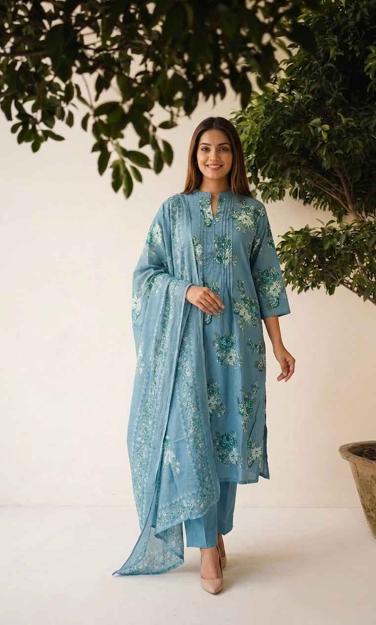 Pure Cotton Three Piece Dupatta Set