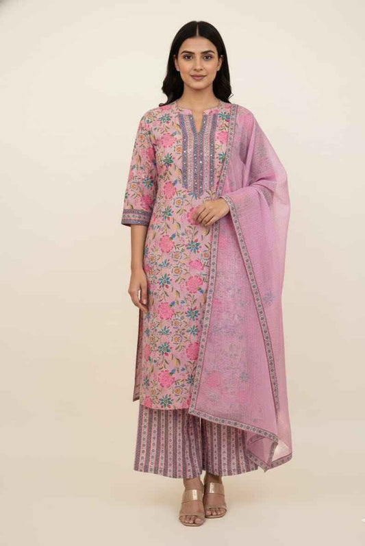 Premium Cotton Floral Print Dupatta Kota Doriya Set With Embroidery CS0185