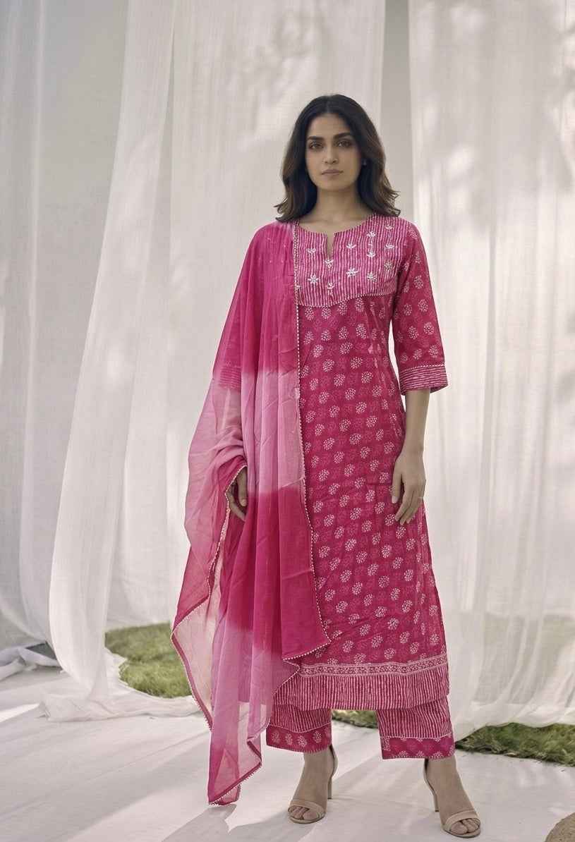 Pure Cotton Three Piece Dupatta Set