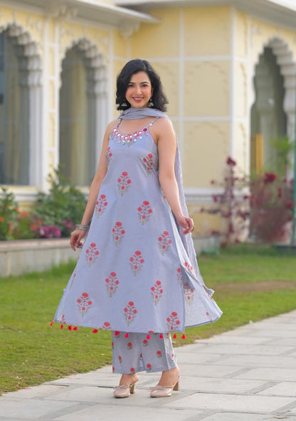 Premium Cotton Sleeveless Floral Print Dupatta Set CS0157