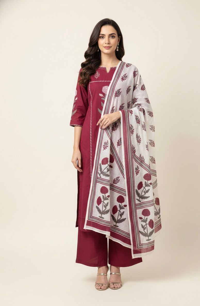 Premium Cotton A-Line Block Print With Kota Doriya Dupatta Set CS0171