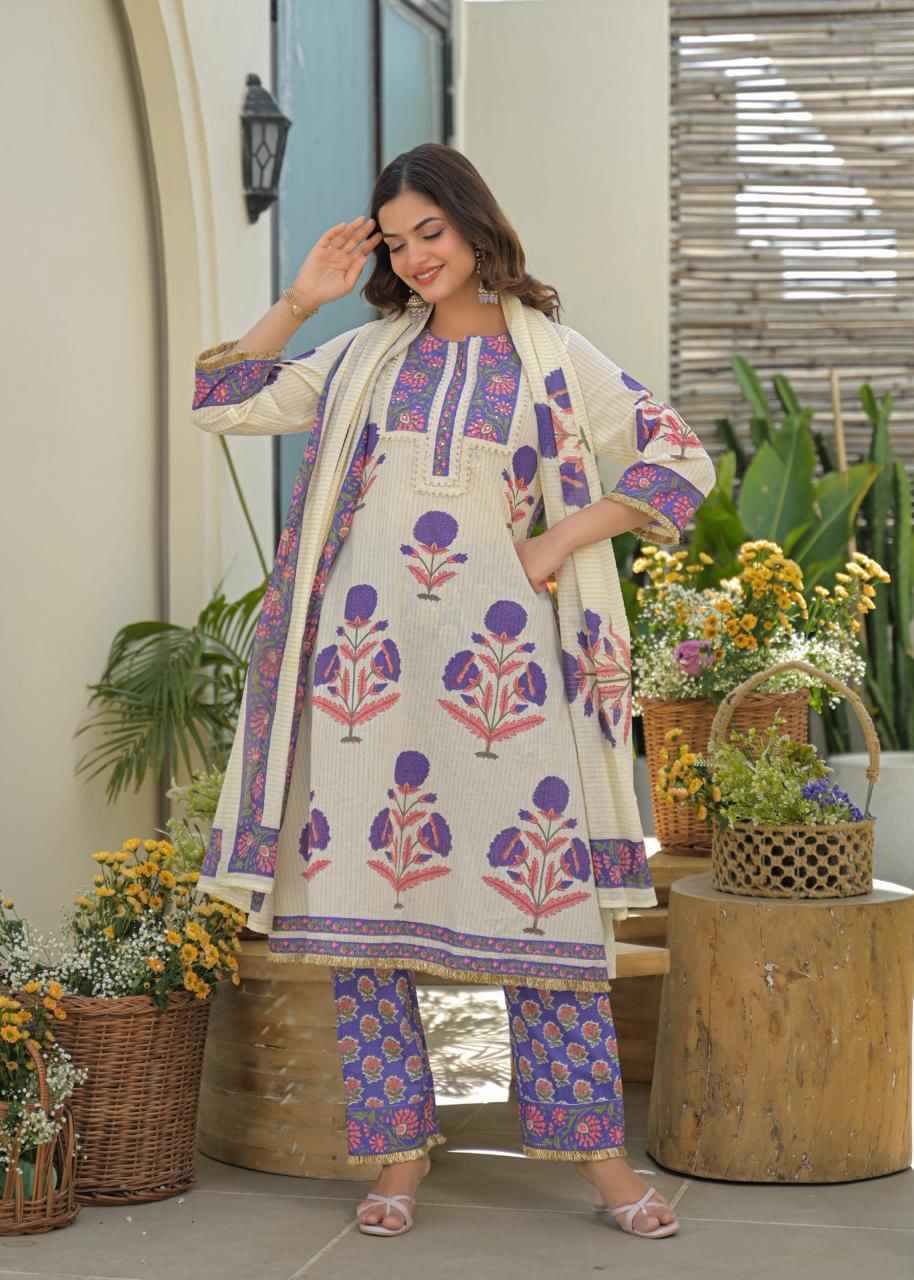 Premium Cotton Floral Print Dupatta Set With Lace Work  CS0207