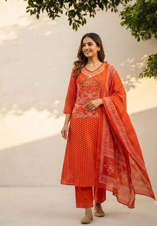 Pure Cotton A  Line Dupatta Set With Bandhej Print CS0284