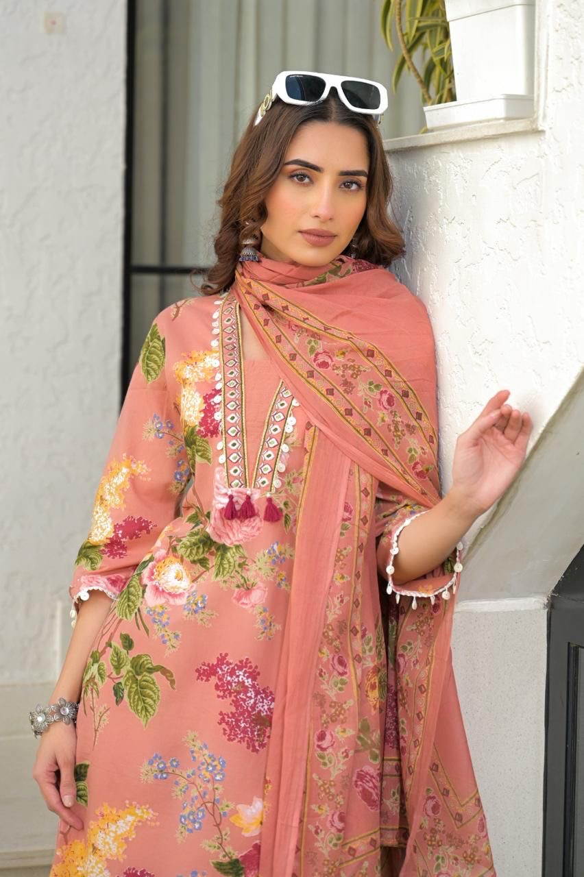 Premium Cotton A-Line Anarkali  Floral Print Dupatta Set CS099