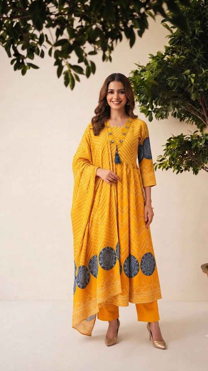 Pure Cotton Anarkali Dupatta Set With Bandhaej Print