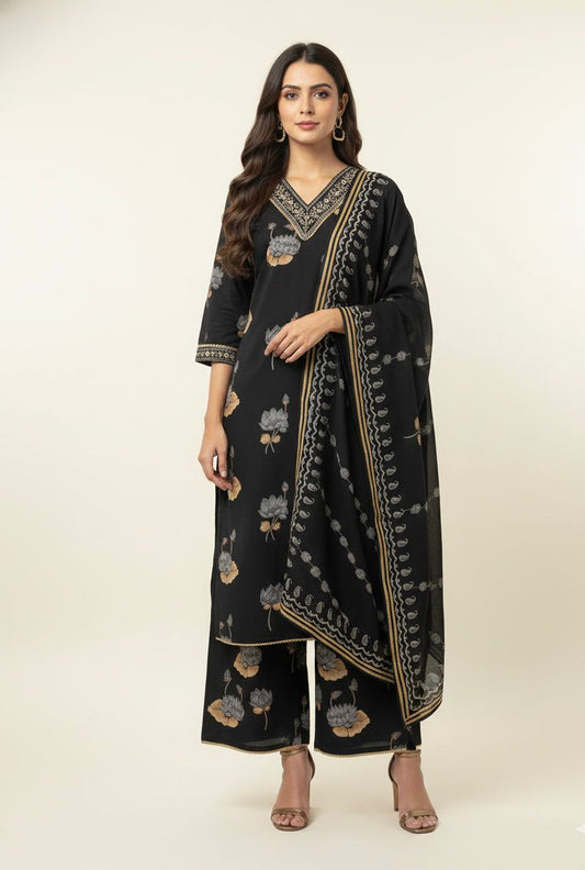 Premium Cotton Floral Print Dupatta set with Palazoo Set  - CS0106