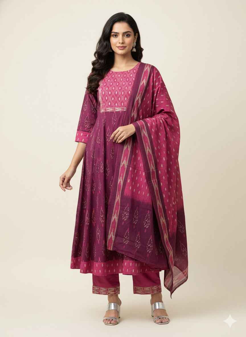 Pure cotton ikkat print anarkali Dupatta set ANK026